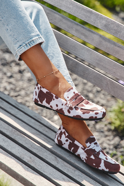 Damskie Mokasyny Loafersy W Łaty Płaskie Brązowo-Białe Soreline