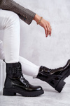 Women's Lace-up Laquered Flat Heel Boots Black Firmina