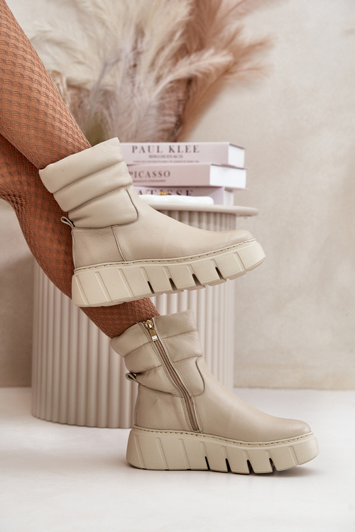 Zazoo 60512 Women Leather Ankle Boots With Zipper Insulated With Felt Light Beige