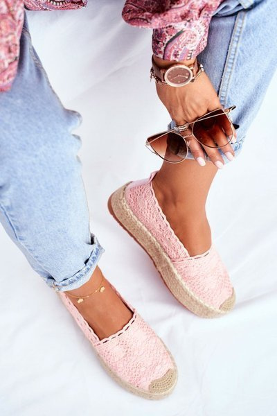 Espadryle Damskie Koronkowe Różowe Platforma Desante