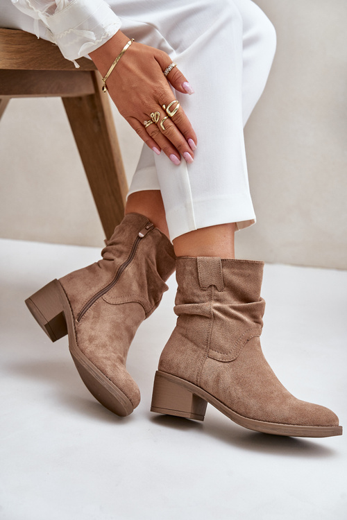 Damskie Botki Ocieplane Marszczona Cholewka Niski Obcas Beżowe Zinanya