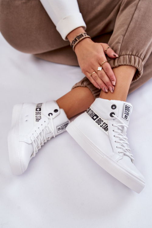 Damskie Wysokie Ocieplane Skórzane Trampki Big Star EE274356 Białe