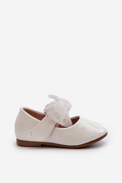 White Olessa Children's Patent Ballerina Flats with Velcro Strap and Bow