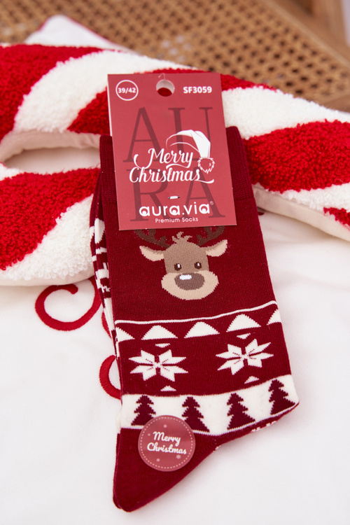 Men's Christmas Patterned Socks With Reindeer Burgundy
