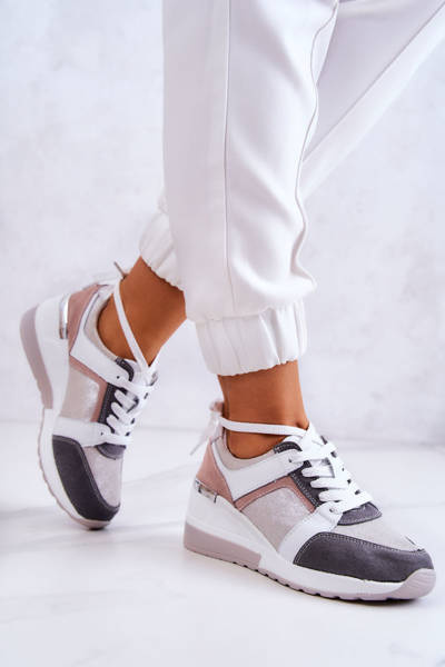 Buty Sportowe Sneakersy Skórzane Koturn Srebrno-Szare Elissa