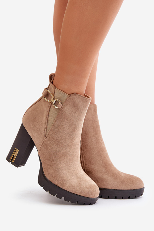 Botki Damskie Eko Zamszowe Wysoki Obcas Słupek Ocieplane Beżowe Terisanna