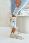 Women Leather Sneakers On Platform With Appliqués And Writing Vinceza 89102 Beige