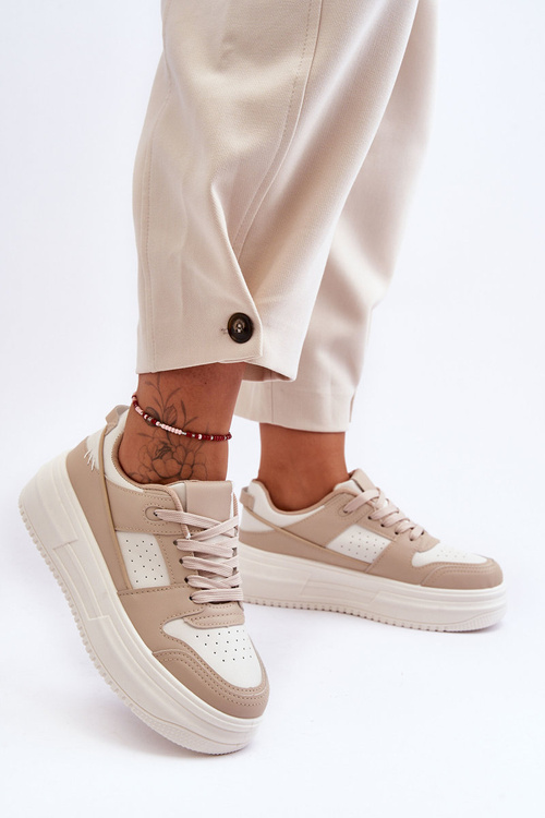 Women's Leather Sport Shoes On Massive Platform Beige Belisso