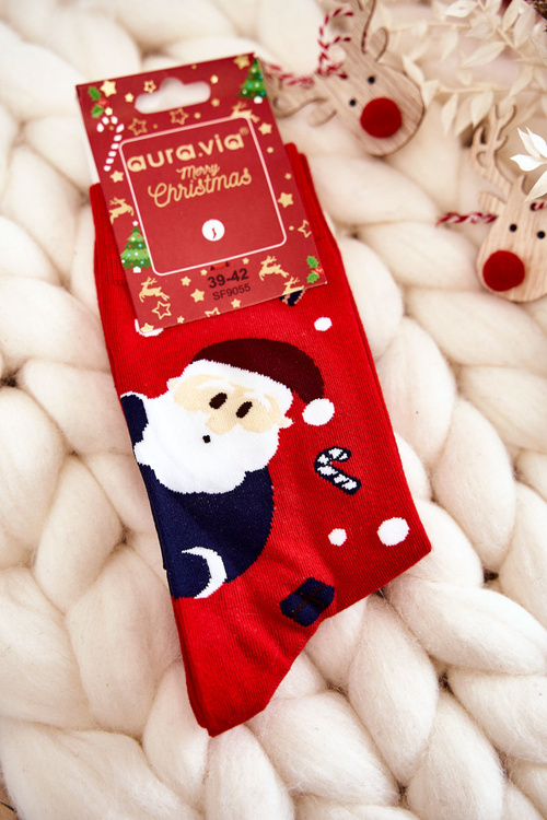 Men's Christmas Cotton Socks With Santa Claus And Reindeer Red 