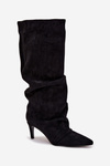 Wrinkled High Heel Boots Made of Eco Suede Lined Black Mavella