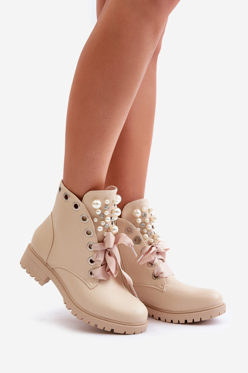 Beige Boots With Pearls, Rhinestones And Ribbon Nudago