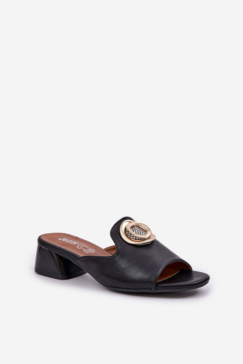 Elegant Women's Slippers On A Low Heel With Decoration Black Feledis