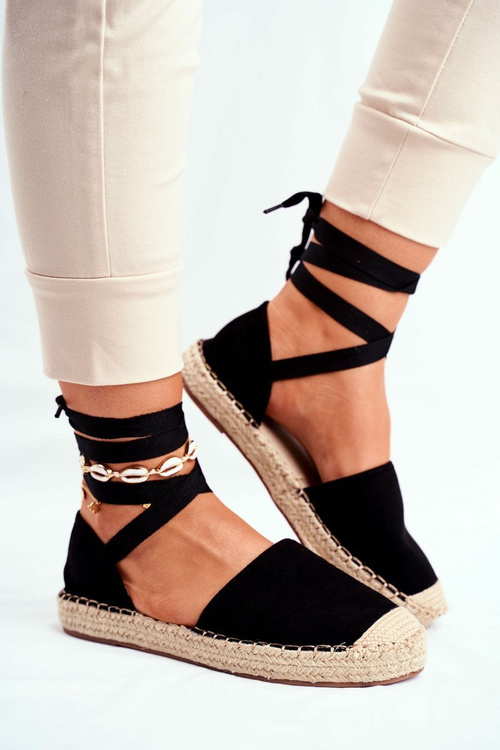 Espadryle Damskie Wiązane Lniane Czarne Bonjour
