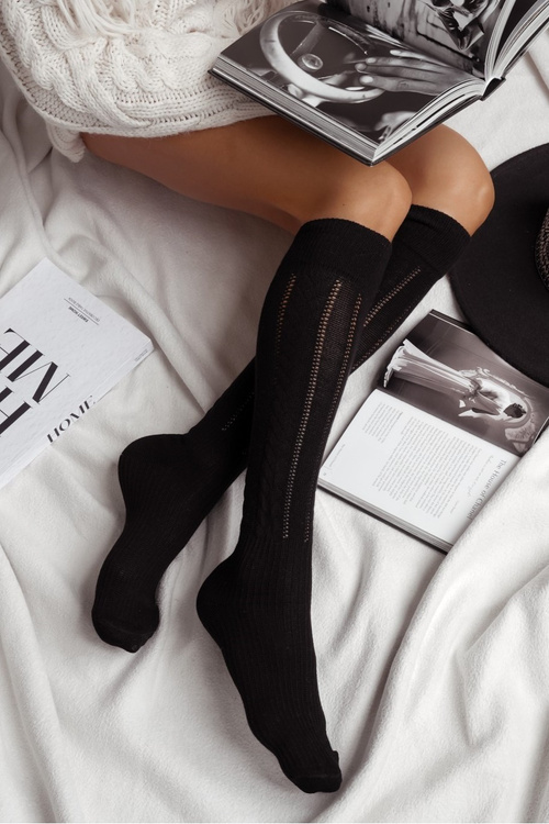 Damskie Podkolanówki Ażurowe Warkocz Czarne