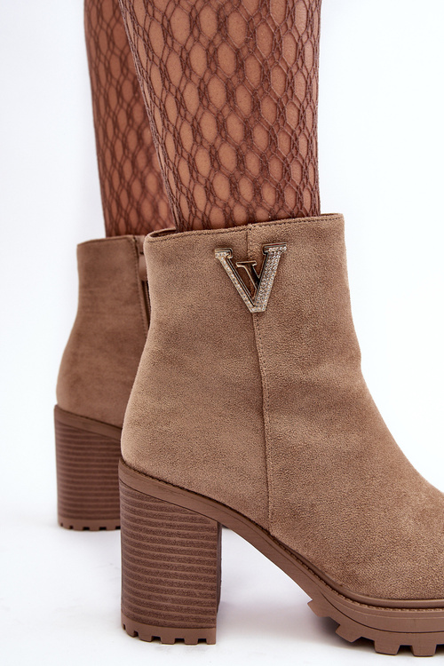 Women's Suede Boots On Heel With Decoration Beige Strong