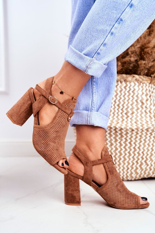 Sandały Damskie Na Słupku Ażurowe Brązowe Kira