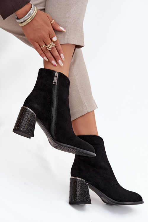 Suede Women's Block Heel Boots with Embossing Lined Vinceza 66801 Black