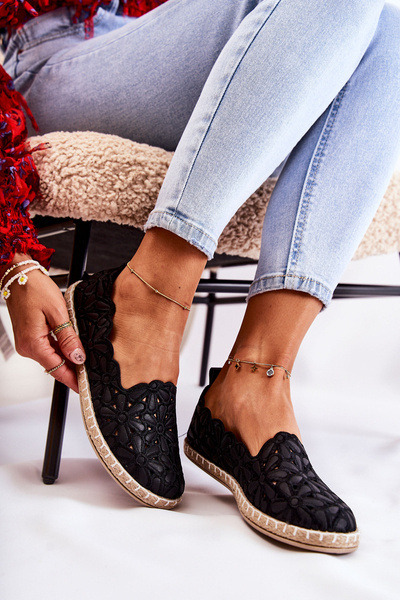 Baleriny Damskie Wsuwane Kwiaty Czarne Vennice