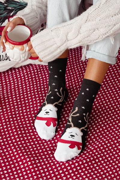 Women's Christmas Socks Sleeping Bear Black