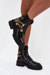 Lacquered Ankle Boots Workers Women's With Golden Chain Insulated Black Sarinae
