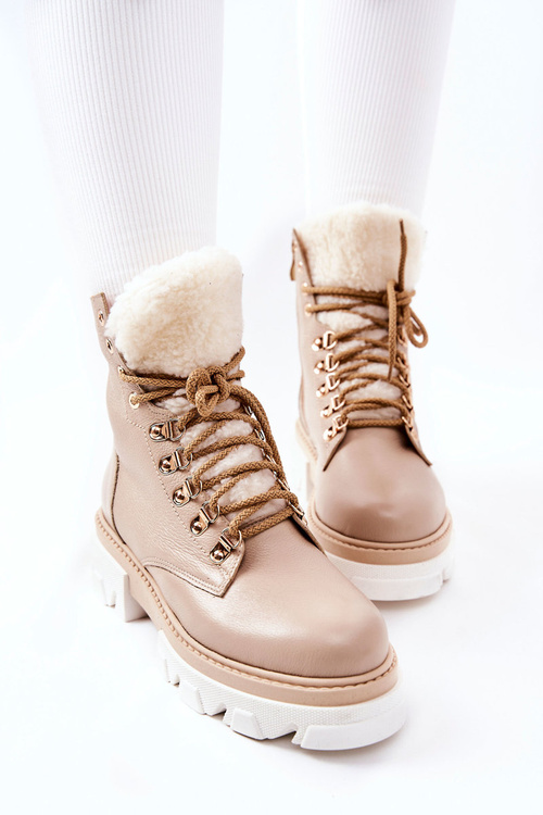 Padded Leather Worker Boots Beige Lecolly