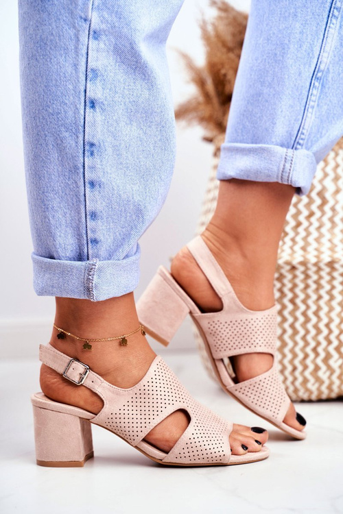 Sandały Damskie Na Słupku Ażurowe Beżowe Valery