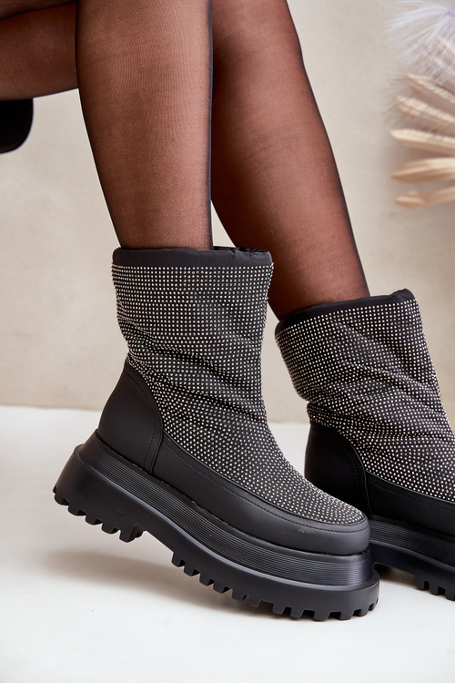 Embellished Snow Boots On Platform And Flat Heel Black Avivina