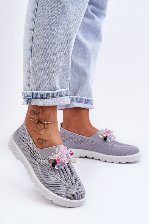 Tenisówki Damskie Wsuwane Z Kamieniami Szare Simple JY303