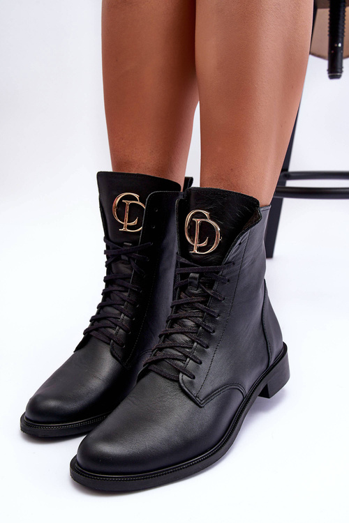 Leather Lace-Up Boots With Ornament Black Nicole 2750