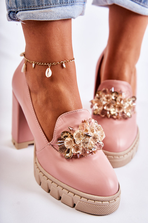 Elegant Pumps With Ornament Smooth Pink and Beige Caterine