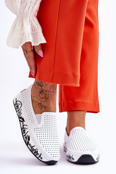 Leather Openwork Slip-On Sneakers White Gedra