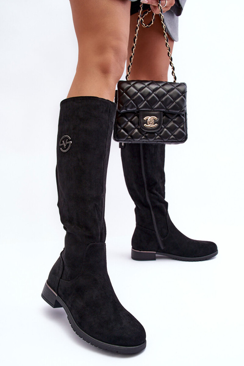 Kozaki Damskie Zamsz Płaski Obcas Czarne Albuna 16433