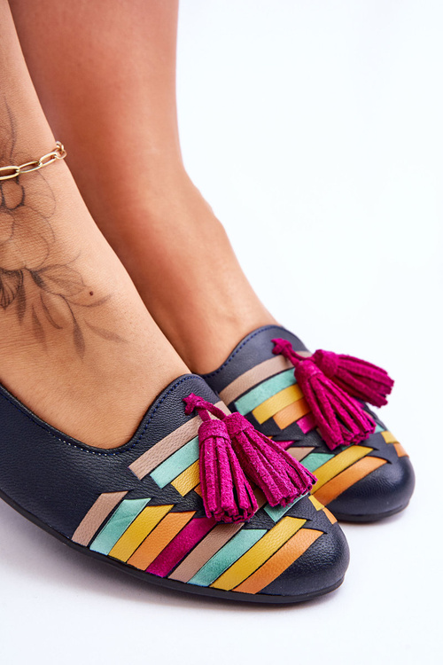 Leather Ballerinas With Fringes Maciejka 04016-17 Navy