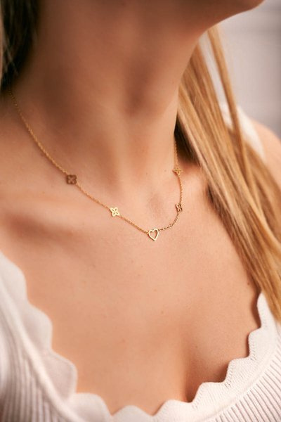 Women's Gold Necklace Chain Clover Heart Sweetie