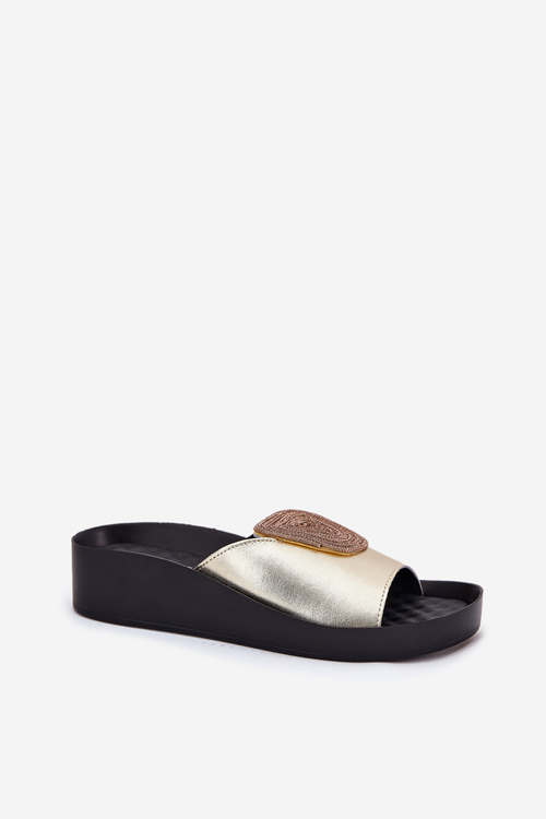 Damskie Klapki Skóra Naturalna Złote KV51-028