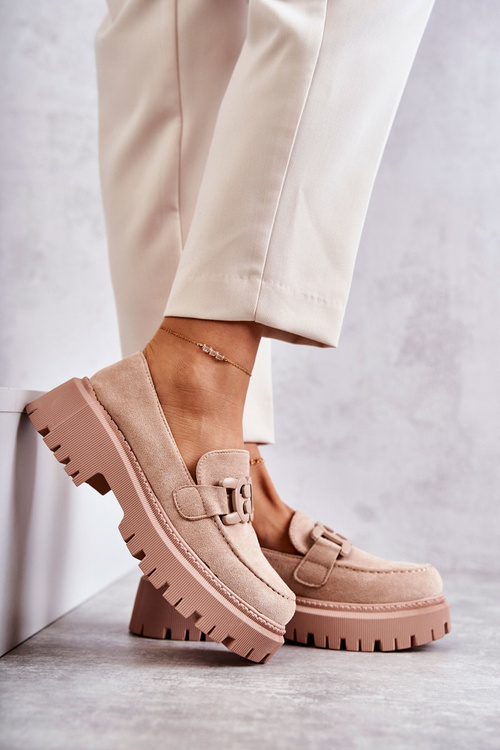 Półbuty Damskie Zamsz Ozdoba Beżowe Leeza