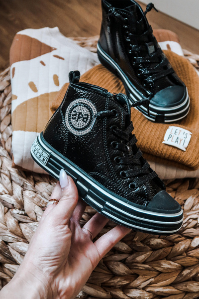 Children's Lacquered High Boots Zipper Sneakers Black Evia