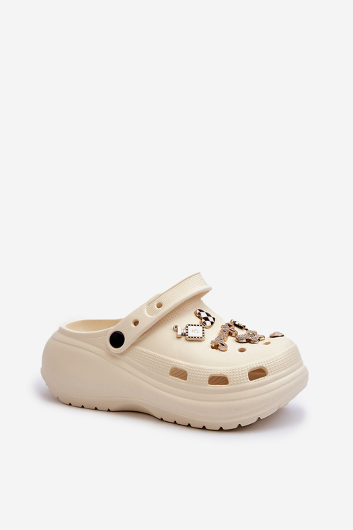 Women's Lightweight Foam Sandals on Thick Sole with Decorative Pins Beige Effiora