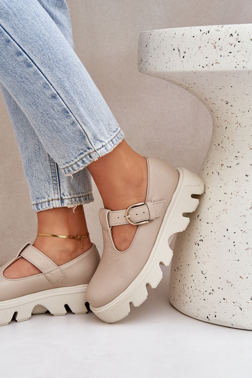 Półbuty Damskie Skóra Naturalna Klamra Beżowe Zazoo 20183