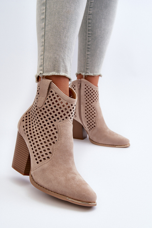 Beige Lace-Up Women's Ankle Boots in Eco Suede on Block Heel Stardara