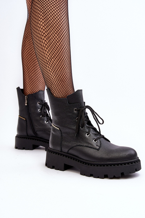 Women's Leather Trapper Boots With Zip Zazoo 949P Black