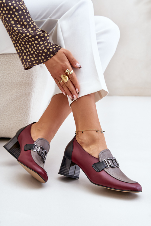 Leather Heels On A Block Heel With A Gold Decoration Laura Messi 2861 Burgundy