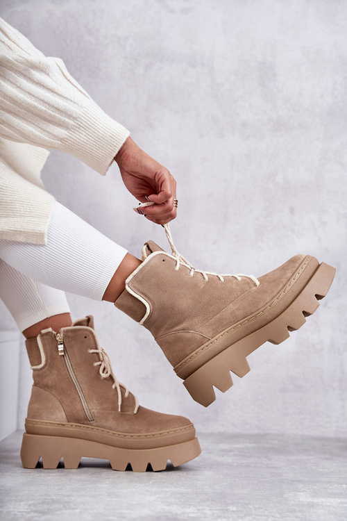 Suede Warm Lace Up Boots Beige Elisabeth