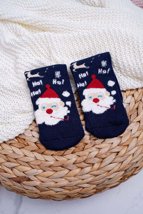 Women's Christmas Socks Anti-Slip Navy Blue with Santa Claus
