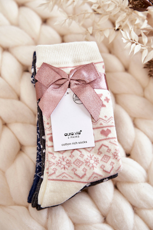 Women's 3-Pack Christmas Socks Snowflakes And Hearts Beige