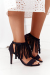 Suede High Heel Sandals With Fringes Black Boho Swing