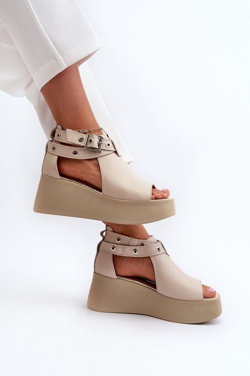 Zazoo 1732 Leather Wedge Sandals Beige