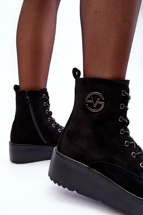 Suede Boots Workery on Massive Platform Wedge Heel Black Lavica