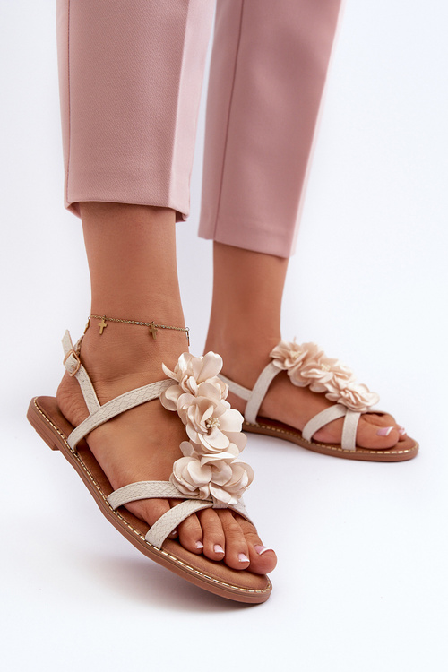 Women's Flat Sandals Adorned with Flowers Beige Abidina