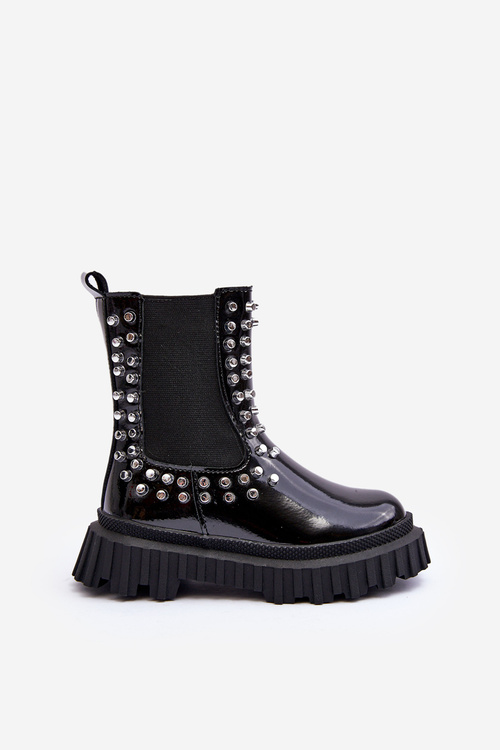 Girls' Shiny Ankle Boots Decorated with Rhinestones Black Adelie